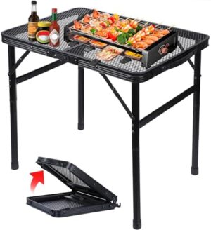 Folding Grill Table Metal Portable Camping Table with Mesh Desktop Lightweight & Foldable Height Adjustable Black Picnic Table for RV, BBQ Outside Inside