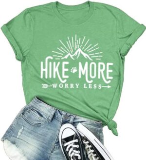 Hiking Shirt for Women Adventure Mountain Graphic Athletic Shirts Funny Hike More Worry Less Tee Tops