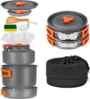 YETO Camping Cookware Set 10pcs Camping Pots and Pans Set Foldable Camping Mess Kit for 2-3 People Hard-Anodized Aluminum Backpacking Cookware Set for Outdoor Hiking Picnic, MediumGrey