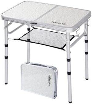 Small Folding Camping Table with Mesh Layer 3 Heights 2 Foot, Aluminum Lightweight Portable Folding Table with Adjustable Legs, Great for RV, car Camping and Outdoor Cooking Picnic