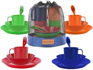 Camping Mess Kit, 16-Piece Dinnerware Set with Sporks, Plates, Bowls and Mugs, 4 Person Backpacking Lunch Gear with Mesh Travel Bag, 4 Colors, BPA Free Tableware