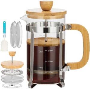 21 Ounces French Press Coffee Maker, Durable Bamboo Lid Handle Coffee Press, 4 Filters System, Heat Resistant Thickness Borosilicate Glass Beaker, BPA-Free Tea Pot Coffee Plunger