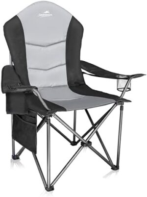 Fully Padded Camping Chair, Oversized Heavy Duty Lawn Chair with Cooler Bag,Side Pocket,Cup Holder Support 400 lbs (Black & Grey, Single Pack)