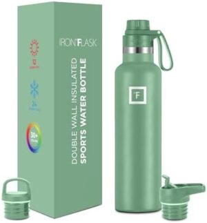 IRON °FLASK Sports Water Bottle - 3 Lids (Narrow Spout Lid) Leak Proof Vacuum Insulated Stainless Steel - Hot & Cold Double Walled Camping & Hiking Hydration Canteens - Sage, 24 Oz