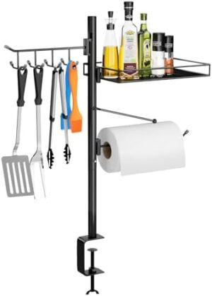 HULISEN 3-in-1 Grill Accessory Organizer Caddy, BBQ Utensil Holder for Blackstone Griddle, With Paper Towel Holder & Tool Hook, Outdoor Condiment Caddy for Camping Tailgating RV Table