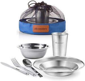 Unique Complete Messware Kit Polished Stainless Steel Dishes Set| Tableware| Dinnerware| Camping| Includes - Cups | Plates| Bowls| Cutlery| Comes in Mesh Bags