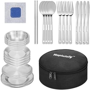 Silverware Set-Camping Mess Kit 28 Pcs Camping Accressories Stainless Steel Camping Dishes Set Dinnerware for 4 Person Utensils Tableware with Plates Bowl Cutlery Gloves Rag