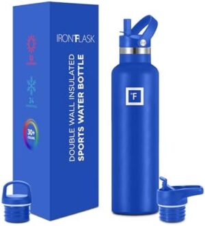 IRON °FLASK Sports Water Bottle - 3 Lids (Narrow Straw Lid) Leak Proof Vacuum Insulated Stainless Steel - Hot & Cold Double Walled Camping & Hiking Hydration Canteens - Cobalt, 24 Oz