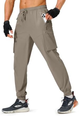 Men's Hiking Pants Cargo Lightweight Quick Dry Elastic Waist Golf Joggers with Zipper Pockets Water Resistant