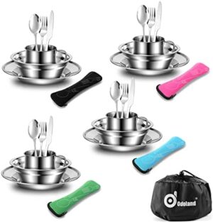 Odoland 29pcs Stainless Steel Utensils Camping Tableware Kit with Bowls Plates Cups Forks Spoons and Knives for 4, Cutlery Flatware Set for Backpacking, Outdoor Camping Hiking and Picnic