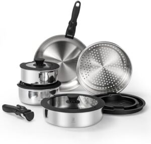 ROYDX 3-Ply Pots and Pans Set,18/10 Stainless Steel Cookware Set with Detachable Handles,PFOA Free, Frying Pan,Saucepans with Lid for All Stoves, Dishwasher and Oven Safe, Camping