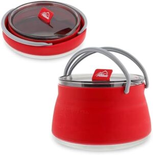 Collapsible Travel Kettle Pot with Lid - 1L Red Portable Water Boiler Tea Maker for Camping Gas Stove