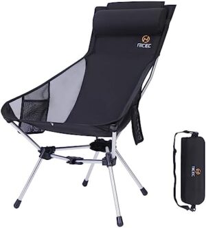 Nice C Ultralight High Back Folding Camping Chair, Backpacking Chair, Compact & Heavy Duty Outdoor, Travel, Picnic, Festival with 2 Side Pockets, Pillow &Carry Bag (One Black)