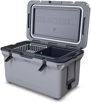 ENGEL 60 QT Ultra-Light Injection Molded Cooler - Ice Chest Keeps Ice up to 7 Days - Large Cooler Includes Wire Basket, Divider and Built-in Bottle Opener