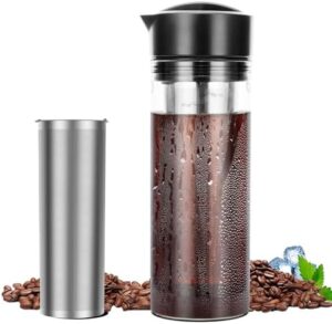 25oz Cold Brew Coffee Maker 4 Cup Capacity Tea Maker, Iced Coffee Pot, Cold Heat Resistant Borosilicate Glass Carafe, Stainless Steel Mesh Filter Basket and Black Freshness Lid