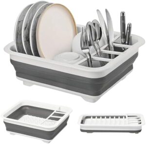 BEAST COOLER ACCESSORIES Collapsible Dish Drying Rack - Durable 4-Compartment Utensil Drainer for Kitchen, RV Camping Essentials - Compact Dinnerware Organizer, Sink Dish Storage, Gray - 4.9"x14"x12"