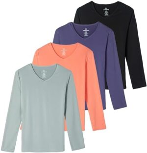 Real Essentials 4-Pack: Women's Dry-Fit Long-Sleeve V-Neck Athletic Workout Shirt (Available in Plus Size)