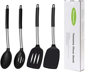 Silicone Spatula Spoon, 4 Pack Silicone Solid Turner Slotted Spatula and Kitchen Silicone Spoons Set for Cooking Baking, Heat Resistant BPA Free Black Silicone Utensils for Nonstick Cookware Mixing