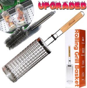 Rolling Grill Basket & Grill Brush Cleaner Set with Removable Wooden Handle - Portable Outdoor BBQ Grill Set for Meat, Fish, Shrimp, Vegetables - Easy to Cook & Clean Folding Basket - Perfect for Camping & Grilling