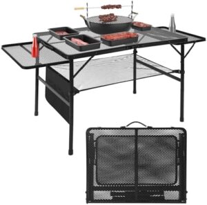 Folding Grill Table, 3x2 FT Portable Camping Table with 2 Wing Panels, Height Adjustable Metal Table with Mesh Desktop and Mesh Bag, Outdoor Table for Camping, Picnic, Beach and BBQ, Black