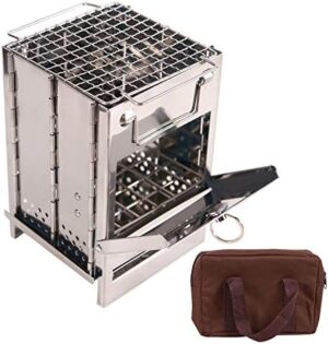 Portable Folding Camping Wood Stove for Outdoor Cooking, Lightweight Stainless Steel Wood Burning Camp Stove with Grill for Backpacking BBQ Picnic, Small