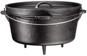 Bruntmor, 3 Legged Pre-Seasoned Large Cast Iron Cauldron Camping Flanged lid Deep Dutch Oven, 6 Quart w/Metal Bail Handle Pre-Seasoned Camping Cookware