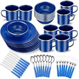 48 Pcs Enamel Camping Tableware Set for 8 Includes 12 oz Enamel Coffee Mugs 10.5 Inch Camping Plates 6 Inch Bowls and Camping Utensils Set Includes Knife Fork Spoon for Camping outdoor RV, Blue