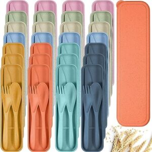 Yahenda 28 Sets Reusable Travel Utensils Set with Case Wheat Straw Cutlery Portable Spoon Knife Fork Tableware Set Lunch Box Bulk for Operation Christmas Adults Travel Picnic(Multicolor)