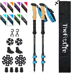 TheFitLife Carbon Fiber Trekking Poles – Collapsible and Telescopic Walking Sticks with Natural Cork Handle and Extended EVA Grips, Ultralight Nordic Hiking Poles for Backpacking Camping