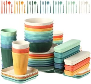 Sets of 8 Wheat Straw Dinnerware (64 Pcs) Microwave Safe Unbreakable Plates Bowls Cups Sets with Cutlery Utensils Colored Lightweight Plastic Dinnerware for Kids Adults Camping Picnic Dorm RV Kitchen