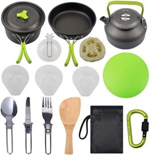 Peidesi Camping Cookware Mess Kit, Portable Camp Stove Pots and Pans Set, Carabiner, Folding Knife, Fork Spoon Kit, Carry Mesh Bag,Teapot for Backpacking, Outdoor Camping, Hiking and Picnic（16Pcs）