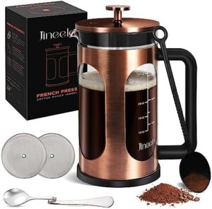 34 Ounce 1 Liter French Press Coffee Maker with 4-Level Filtration, Tea Maker, Stainless Steel Coffee Press, Cold Brew Heat Resistant Borosilicate Glass Coffee Pot for Travel Gifts.