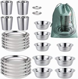 Stainless Steel Camping Plates Cups and Bowls set. Camping dish Set (24-Piece Set) 3.5inch to 8.6inch. Plates for Camping, Hiking, Beach,Outdoor Use Incl. Travel Bag