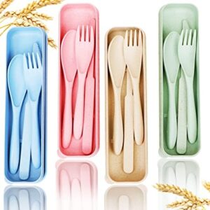 Reusable Travel Utensils Set with Case, 4 Sets Wheat Straw Portable Knife Fork Spoons Tableware, Eco-Friendly BPA Free Cutlery for Kids Adults Picnic Camping Utensils(Green, Beige, Pink, Blue)