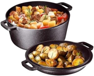 2in1 Pre-Seasoned Cast Iron Double Dutch Oven Pot with Dual Handles Skillet Lid 5QT Cast Iron Cookware Pan Set for BBQ Camping Frying Bread Baking