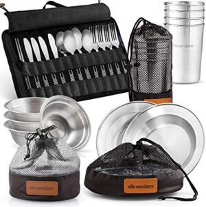 Wealers Unique Complete Messware Kit Polished Stainless Steel Dishes Set| Tableware| Dinnerware| Camping| Buffet| Includes - Cups | Plates| Bowls| Cutlery| Comes in Mesh Bags (4 Person Set)