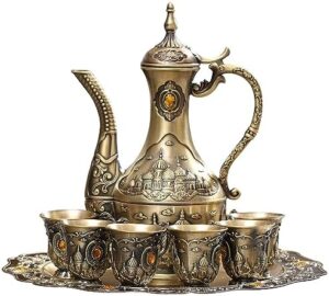 Vintage Turkish Coffee Pot Set for 6 Including Tray and Teapot,Metal Cups,Teapot and Cup Set for One,Tea Service Set for Home Tea Table Decor,Wedding Ornaments