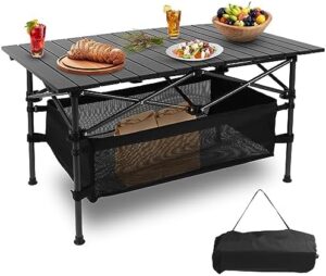 Folding Camping Table, Portable Outdoor Folding Table with Mesh Layer and Carrying Bag, Lightweight Aluminum Roll-up Camp Table for Picnic Cooking Hiking BBQ Backpacking Travel，37"x22"x20"