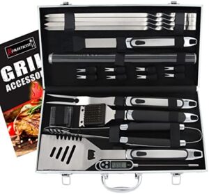 ROMANTICIST 21pc BBQ Grill Accessories Set with Thermometer - The Very Best Grill Gift on Birthday Wedding - Heavy Duty Stainless Steel Grill Utensils with Non-Slip Handle in Aluminum Case