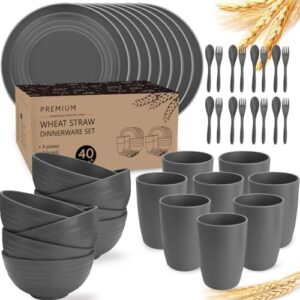 Shopwithgreen Wheat Straw Dinnerware Sets for 8, 40 Pcs Microwave Unbreakable Plates and Bowls Sets, Reusable Lightweight Tableware Dinner Dishes, Bowls, Cups, Plastic Dishes for Camping, Kitchen, RV