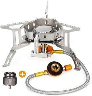 Portable Backpacking Stove with Piezo Ignition Windproof Camping Gas Stove Camp Stove Foldable Burner with Propane Canister Adapter for Outdoor Camping Hiking Picnic