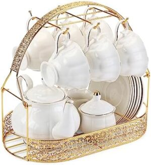 CHENP.HMC Tea Set 22-Piece Porcelain Ceramic Coffee Tea Gift Sets Cups Saucer Service for 6 Teapot Sugar Bowl Creamer Pitcher and Teaspoons (WHITE3)