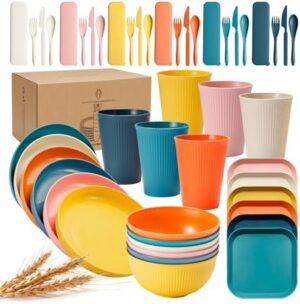 Wheat Straw Dinnerware Sets 48 Pcs,Unbreakable Dishes Microwave Safe Dinnerware,Lightweight Reusable Bowls with Plates,Cups,Knives,Forks and Spoons Utensil Set for Camping (A Set of 6)