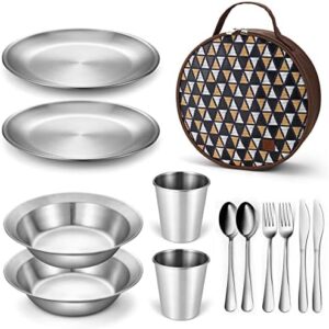 Odoland Camping Complete Messware Kit, Polished Stainless Steel Camp Dinnerware, Camping Cooking Tableware, Cutlery Organizer Utensil with Plates and Bowls Set for Backpacking, Hiking, Picnic