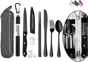 Hommaly Portable Travel Reusable Utensils Silverware with Case,Travel Camping Cutlery set,Chopsticks and Straw Flatware, Stainless steel Utensil set (Black) U