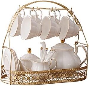 ufengke 15 Pieces Simple White English Ceramic Tea Sets,Tea Pot,Bone China Cups with Metal Holder Matching Spoons,Afternoon Tea Set Service Coffee Set