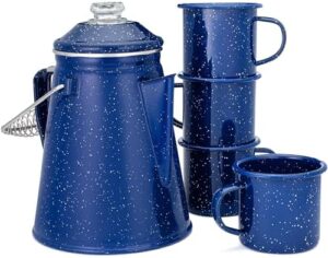 COLETTI Classic Percolator Coffee Pot & Enamel Mug Set — Camping Coffee Pot, Enamel Coffee Mug – Complete Nostalgic Bundle – German Imported Enamel Powder [Blue, 12 Cup] [12 oz, Set of 4]