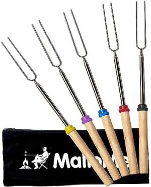 MalloMe Smores Sticks for Fire Pit Long - Marshmallow Roasting Sticks Smores Kit - Smore Skewers Hot Dog Fork Campfire Cooking Equipment, Camping Essentials S'mores Gear Outdoor Accessories 32" 5 Pack