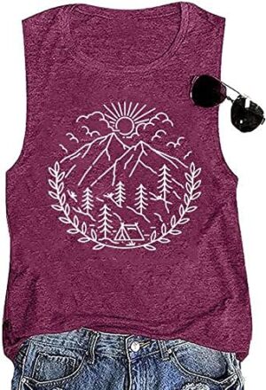 Women Hiking Camping Outdoor Tank Top Summer Mountain Nature Funny Graphic Print Round Neck Workout Athletic Sleeveless Tops