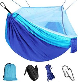 Single & Double Camping Hammock with Mosquito/Bug Net, Outdoor Portable Parachute Nylon Hammock with Tree Straps, Lightweight Backyard Hammock Survival Travel Bed 110" L x 59" W (Blue/Sky Blue)